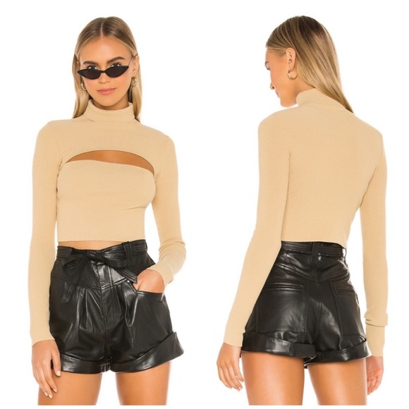 REVOLVE SUPERDOWN Beige Ribbed Knit Stretchy Bodycon Cut Out Turtleneck Sweater - Picture 8 of 17